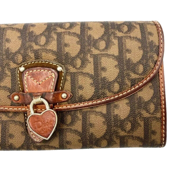 Authentic DIOR Long Wallet Trotter Romantic Brown PVC Leather Heart Charm - Picture 4 of 6